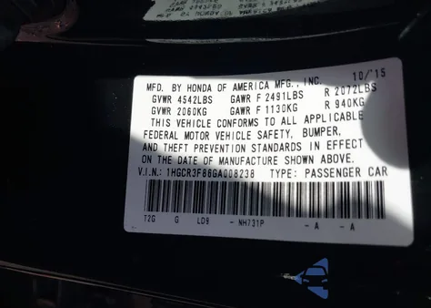 2016 Honda Accord Ex-L V-6 z USA, uszkodzony, nr VIN 1HGCR3F86GA008238